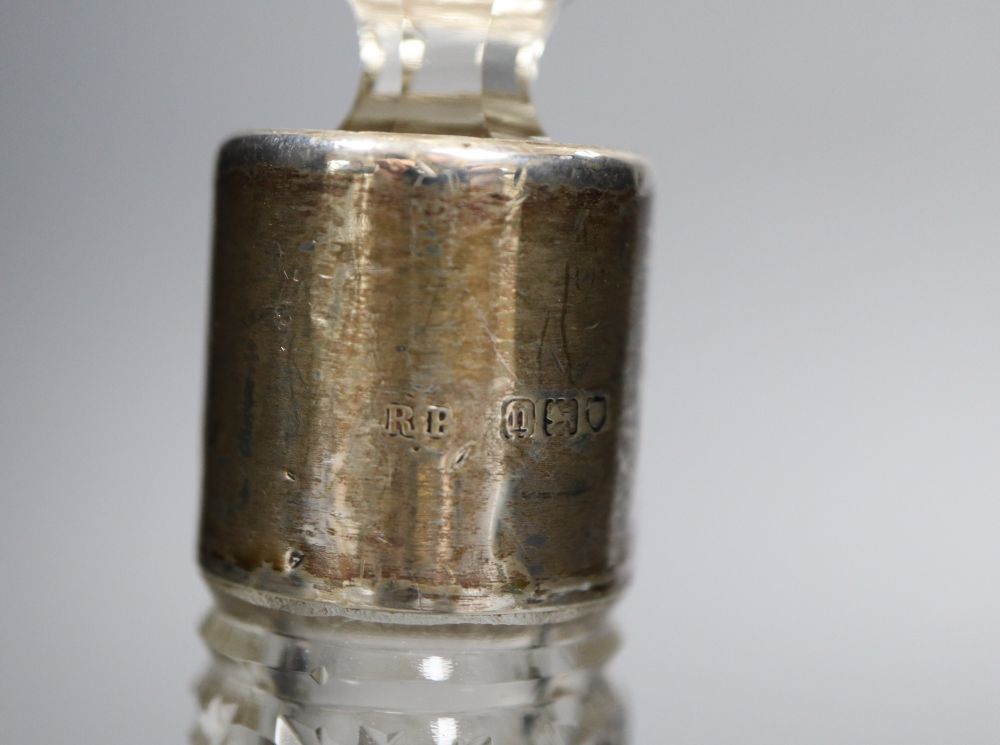 A silver-mounted conical glass scent bottle, sundry other silver-mounted toilet items and an engine-turned silver compact.
